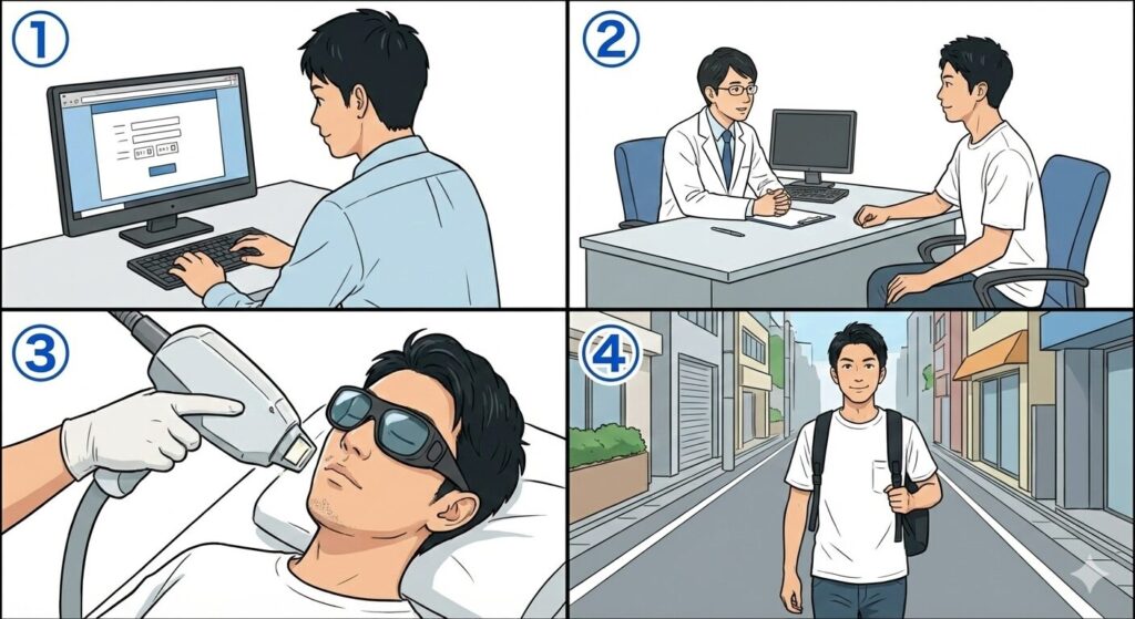 ヒゲ脱毛を受ける流れについて説明するイラスト