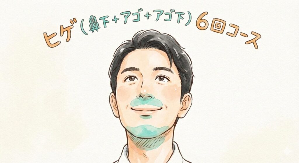 ヒゲ脱毛6回コース（鼻下+アゴ+アゴ下）の施術部位についてのイラスト