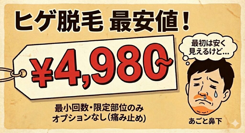 ヒゲ脱毛の安く見えるが実際は回数も少なく、部位が限られており、オプションもないことを表したイラスト