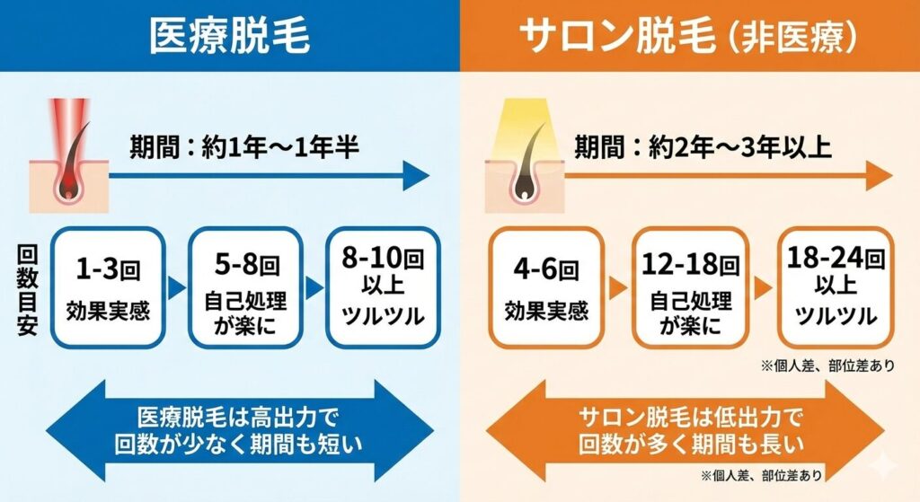 医療脱毛とサロン脱毛にかかる期間の違いについて